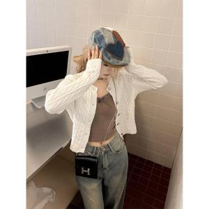 Dahong W041 ไหมพรมแขนยาวครอป เสื้อคาร์ดิแกนไหมพรมแขนยาว กระดุมหน้า  กันหนาวเกาหลี