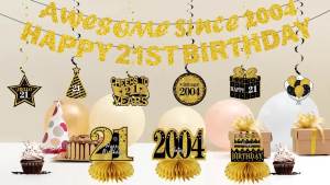 11Pcs 21st Birthday Decorations Kit for Men Women Black Gold Happy 21st Birthday Banner Awesome Since 2004 Centerpieces Swirls Party Supplies Twenty-one Bday Banner Ceiling Table Topper Sign