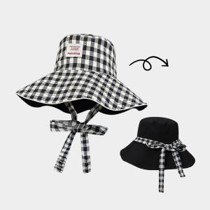 Cute Bow Bucket Hat Plaid Print Reversible Korean Sun Hat for Women | Wide Brim UV Protection Summer Cap |Pang-beach & Pang-daily OOTD