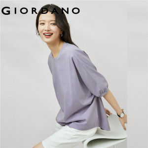 GIORDANO ผู้หญิง เสื้อยืดแฟชั่นแขนโคมไฟ ผ้าฝ้าย 100% คอกลม หลวมสบาย เสื้อยืดลำลองฤดูร้อน 18323903