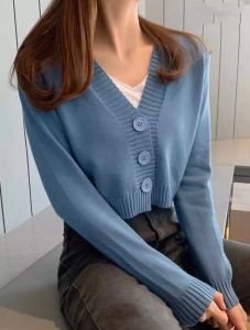 Womens Knitted Cotton V-neck Crop Top Long Sleeve Cardigan fashion Croptops Cardigans for Women for