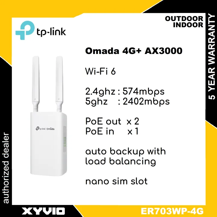 TP-LINK ER703WP-4G-Outdoor Omada 4G+ Cat6 AX3000 Wi-Fi 6 Outdoor/Indoor Gateway Modem