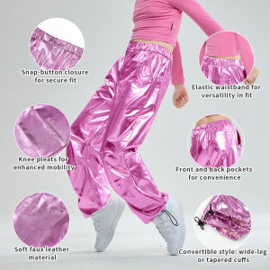 LOlanta Girls Metallic Jogger Pants Jazz Street Hip Hop Dance Shiny Trousers Loose Fit Cargo Pants Elastic Waist Streetwear for 6-13 Years