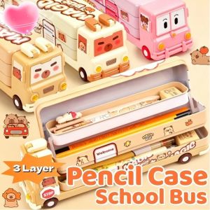 Capybara Pencil Case 3 Layer Large Capacity Cartoon School Bus Metal Stationery Box Student Supplies