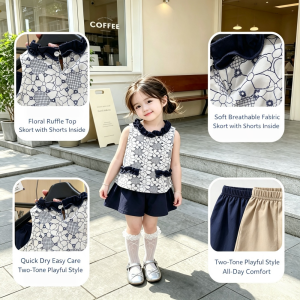 AILEBE Kids Sets Terno Sleeveless Floral Skort Top Set Soft Breathable Quick Dry Fabric Cute Ruffled Two-Tone Design Skort With Shorts Inside For Easy Play Pambahay OOTD For Girls 0-12 Years