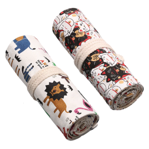 12/24/36/48 Holes Multifunctional Pencil Bag Canvas Pencil Case Lovely Animal Pencil Roll Canvas Pencil Wrap for Artists