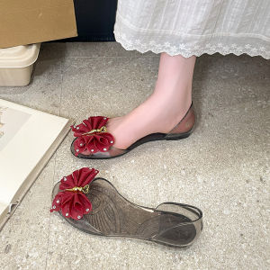 [Free Shipping] 2026 Summer Korean Style Jelly Flat Sandals For Women Student Bowknot Floral Transparent Fish Mouth Shoes Fashion Beach Sandals