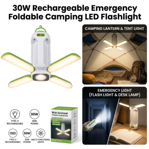30W Rechargeable Emergency Light Foldable Camping Lantern LED Flashlight Hanging Tent Lamp Portable Fan Blade Bulb Light for Brownout Outdoor Home Night Market with Hook Hang or Stand