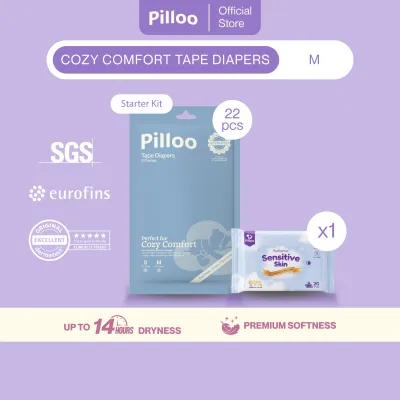 Starter Kit - Pilloo Cozy Comfort Baby Tape Diapers S/M 22 Pcs + 1 Mini Wipe 20pcs