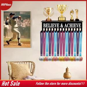 【COD】🔥🔥🔥 Metal Wall-Mounted Trophy & Medal Display Rack with  BELIEVE ACHIEVE  Motivational Sign Multi-Hook for Awards Keys Ribbons