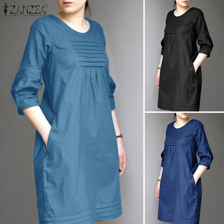 Rulfepy ZANZEA Womens Vintage Pleated Denim Sundress Casual Loose Round Neck  Plain Mini Dress #8 Mini Shift Dress For Women Rayon Material Mini Dress  3/4 Sleeve Plain Dress - Lazada | Lazada PH