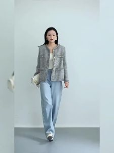 Time-limited Iceland Gray Blue! Handmade Coarse Tweed Loose Womens Jacket Spring New Style Elegance Top Long Sleeve round Neck Short CoatL731