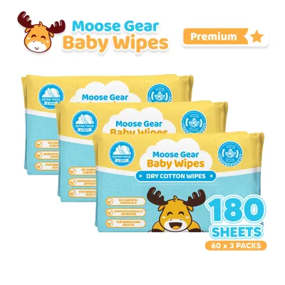 Moose Gear Baby Dry Wipes Premium 180sheets 3PACKS Thick & Soft Cotton