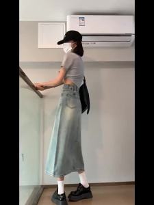 COD  Rok Denim Pinggang Tinggi Warna Muda Wanita Musim Panas a Baru Rasa Reka Bentuk Pertengahan Panjang a Rok Pecah Hujung Kelihatan Kurus Perkataan  Sem