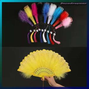 Snowdreamer Lolita Feather Folding Fan Japanese Sweet Fairy Girl Dark Gothic Court Dance Hand Fan with Pendant Gift Wedding Party Decoration