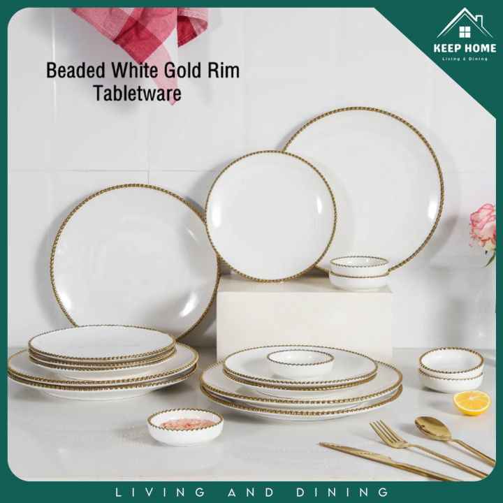 Ceramic Plates White Rim Plates KeepHome Nordic Ceramic Beaded