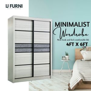 FREE INSTALLATION IJ FURNI 4ft Sliding Door Wardrobe Grey Door & Grey Almari Murah  Almari Modern Alamari Pakaian Alamari Baju Murah Wardrobe Ready Stock