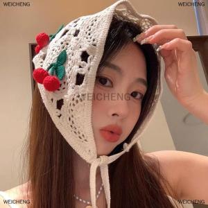 [COD] WEICHENG Knitted Triangle Headband Cute Little Cherry French Pastoral Style Headband Towel Crochet Flower Headscarf