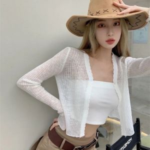 JOEVILU Thin Sunscreen Shirt Womens Summer Outerwear Crop Tops Hollow Out White Long-sleeved Cardigan Elegant Casual Shawl Coat2026