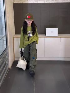 Little RD Kids T-Shirt For Girls 2025 Autumn Green Printed T-Shirt 3D Flower Cargo Pants Two-Piece Set