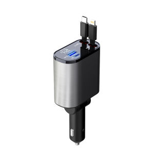 Kebidumei 4 in 1 100W Car Charger Fast Charge USB PD Voltage Display With Retractable 2 Charging Cables Type C 8-Pin For Phone