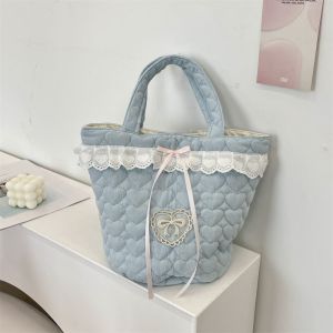 CRNGW Korean Style Bowknot Handbag Large Capacity Sweet Fresh Lace Lunch Bag Fashion Fresh Color Bucket Bag Student