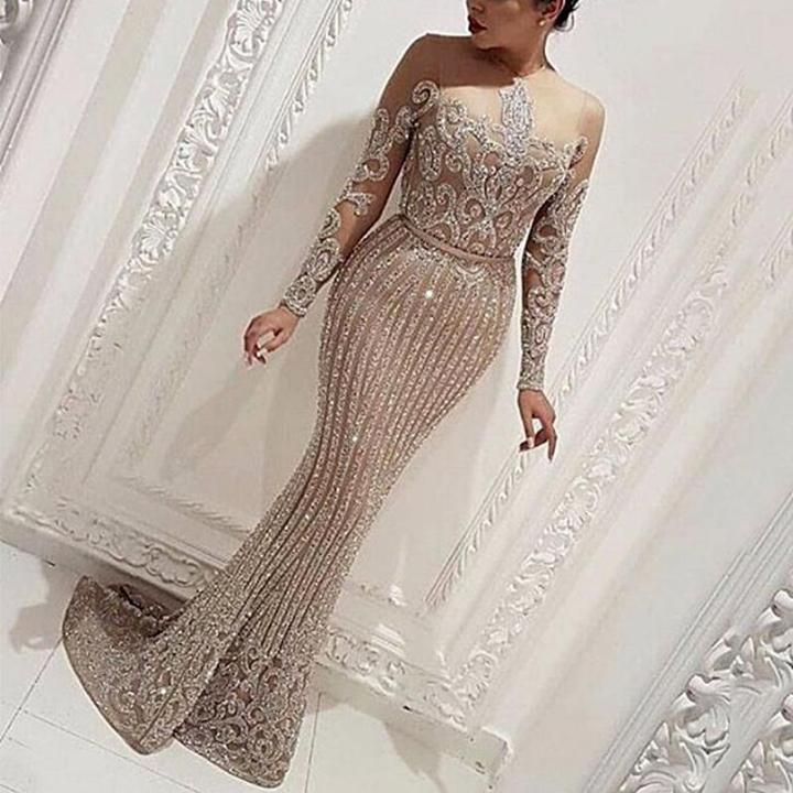 Gold Diamond O Neck Prom Party Dresses Sequins Shinning Mermaid