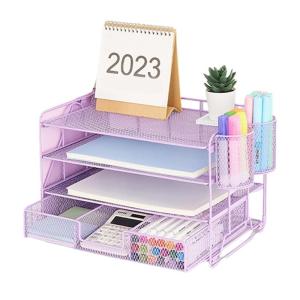 4-Tiered Letter Tray Metal with Magazine Stand Drawer Pen Cups Multifunction for Office Desk Organizers and Accessories