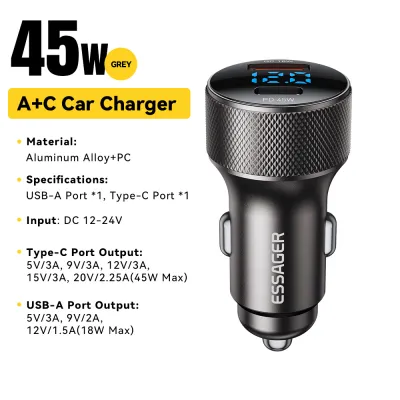 Essager 45W Digital Display USB-A Type-C Car Charger Aluminum Alloy Type C PD45W Fast Charging For iPhone 16 15-5 Huawei Samsung Xiaomi15 Trucks Pickups SUVs Vans USB A+C Digital Display PD3.0+QC3.0 Car Chargers