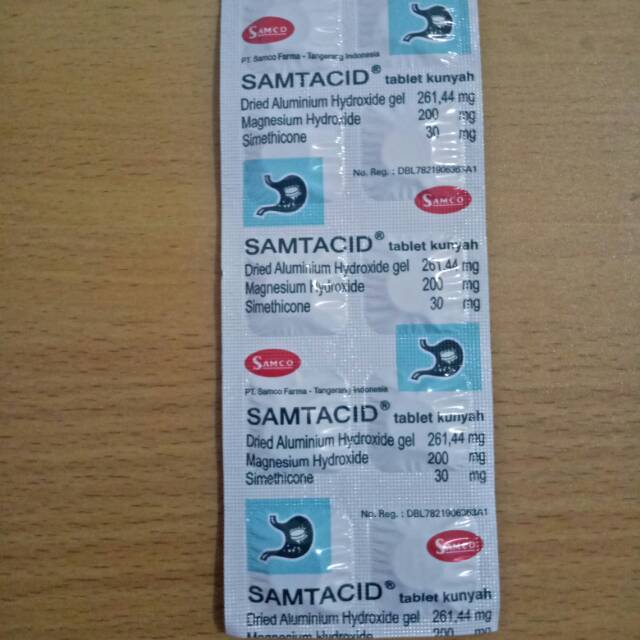 Samtacid Tablet Kunyah - Obat Pencernaan Meredakan Gejala Sakit Maag Lambung Perut Kembung Maag Asam Lambung Tukak Usus Antasida Gastrucid Lambucid Magnesium Simethicon (Strip 10 Tablet)