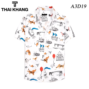 Áo sơ mi đi biển họa tiết THÁI KHANG vải lụa mềm mặc thoải mái có size cho bé A3D19