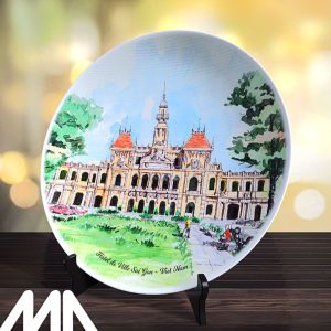 Đĩa sứ trang trí in lưu niệm tranh vẽ danh lam thắng cảnh và công trình nổi tiếng Việt Nam