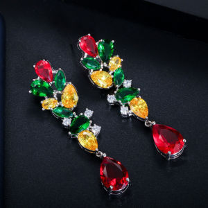 SEQUITO Exquisite Women White Gold Plated Multi Cut AAA Colorful Cubic Zirconia with Waterdrop Stones Long Drop Dangle Earrings Precious Lady Wedding Engagement Jewelry SE679