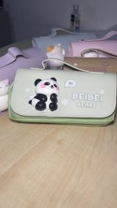 Green Panda Pencil Bag Large Capacity Stationery Pen Case Bear Dog Cat Handle Storage School Supplies Gift PU Ruler Holder A2026