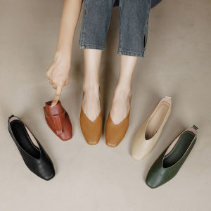 Free Shipping Soft And Gentle Leather-Soled Grandma Shoes For Women 3.5Cm New V-Cut Square-Toe Versatile Shallow-Toe Chunky Heel Flats For Women