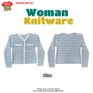 Women Ribbed Cotton Knitwear Shirt V Neck Long Sleeve Striped Top With Pocket Fressize Casual Comfort Fit