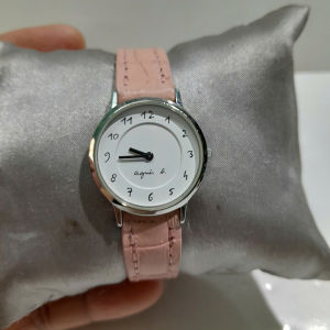 Đồng hồ đeo tay nữ agnès b size 26mm mặt trắng dây da hồng second hand