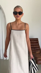 Womens Sling Straps Sleeveless Tie Backless Long Dress Summer Contrast Color Binding Beach Loose Flared Flowy Dresses