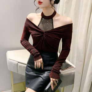 Yimei 2024 Áo Thun Nữ Gợi Cảm phương Tây cổ áo nhỏ lấp lánh thời trang mới mùa xuân màu đỏ áo Lớn