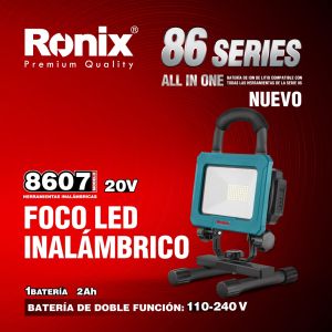 Ronix 8607 20V Cordless LED Floodlight 30W | 2000lm Brightness | 60pcs SMD 2835 | 1200m Illumination Range | 360° Horizontal & 90° Vertical Rotation | Portable Work Light with Adjustable Stand | IP20 Protection | Outdoor Camping Night Fishing Garden Wor