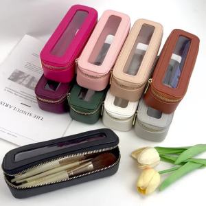 Customized Name PU Leather Transparent Makeup Brush Makeup Bag Portable Storage Bag Daily Necessities Storage Accessory.
