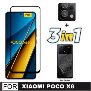 Promo Paket 3 in 1 Tempered Glass Xiaomi Poco X6 5G / Poco X6 Pro 5G / Poco M6 Pro 4G 2024 Black Edge Screen Protector + Garskin Carbon + Camera Lens