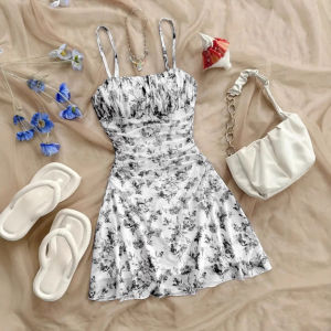 Dresses for Women Summer Hotsweet K-Style Ditsy Floral Ruffle Sleeveless Sweetheart Neck Nipped Waists Gauze Mini A-Line Cottagecore Dresses