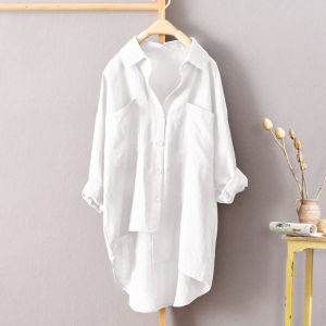 【Shipping In 24 Hours】Cotton Oversized Women Casual Plain Cotton Shirt Long Sleeve Loose Double Pockets Blouse Top