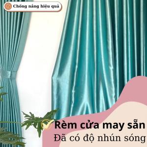 Rèm cửa chống nắng màu xanh ngọc họa tiết bông nhỏ may hoàn thiện có độ nhún sóng rèm cửa sola