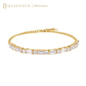 Queensun 18K Gold  Emerald Cut Tennis Bracelet Mix Cut Diamond Bracelet Adjustable Bracelet Stackable Dainty Bracelet Minimalist Gold Jewelry Bridal Wedding Bracelet Women Gift Jewelry Baguette Cut Bracelet