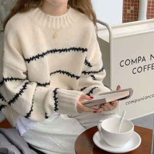 Stripe Knitted Sweaters for Women Korean Trendy Long Sleeve Casual Pullover Tops(40-60kg)