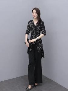 Single Womens Summer Suit 2023 New Temperament plus Size Fashion Chiffon Shirt Loose Belly-Covering Wide Leg Pants Two-Piece Set High Quality
