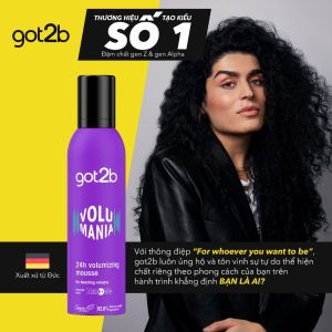 Bọt tạo phồng tóc Got2b Volumising Mousse 250ml - Tăng cường độ phồng cho tóc Giữ nếp đến 24h - Bền nếp đến 24 giờ ngăn tóc bị xẹp hoặc mất nếp duy trì kiểu tóc suốt cả ngày dài mà vẫn mềm mại không bị cứng đơ.