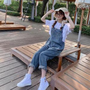 IELGY denim overalls womens high-waist loose straight-leg cropped workwear casual pants